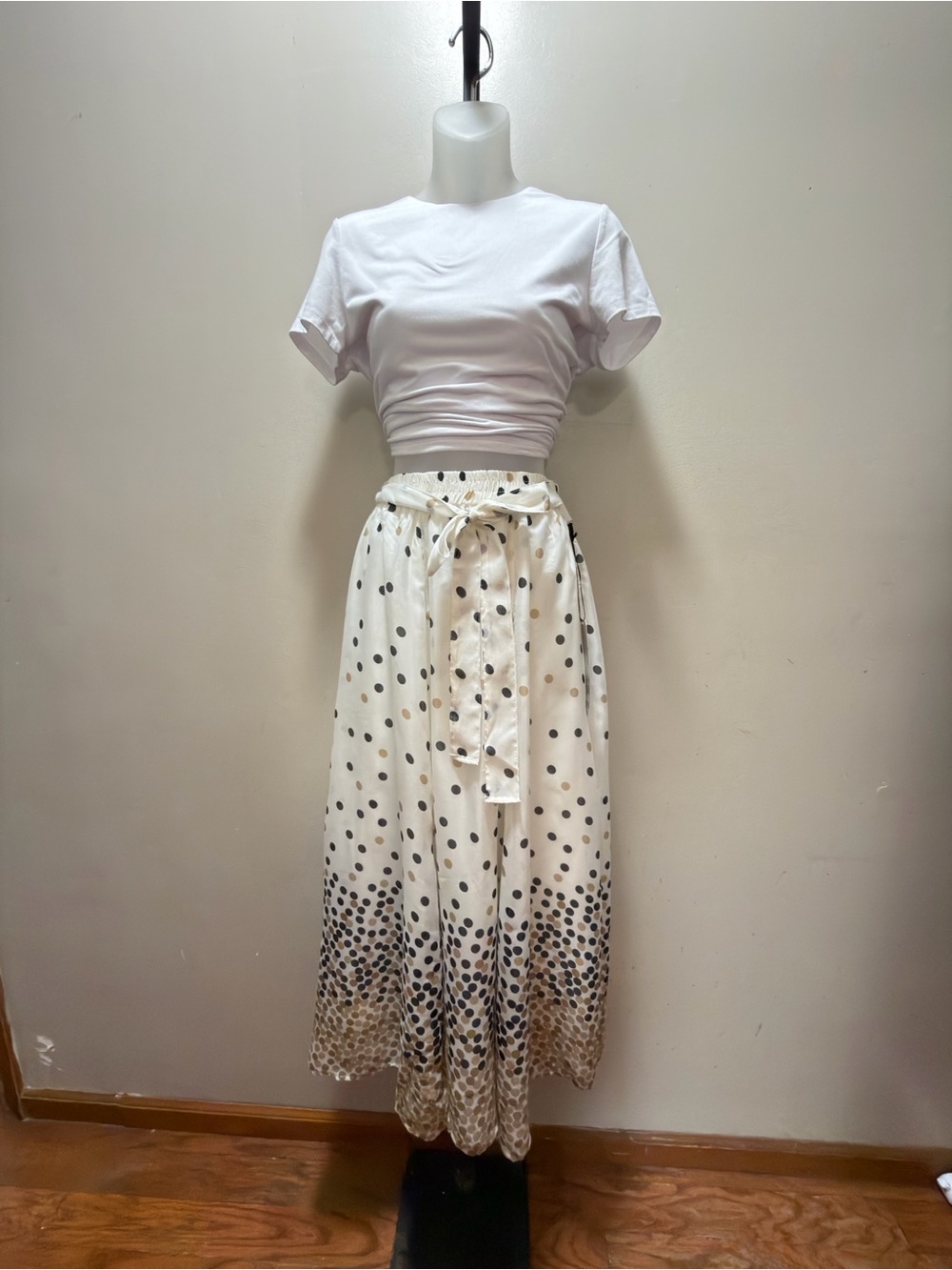 Polka Dot Maxi Skirt with Waist Tie - White/Black